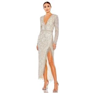 Mac Duggal 5741 Fringe Slit Plunging Neck Dress